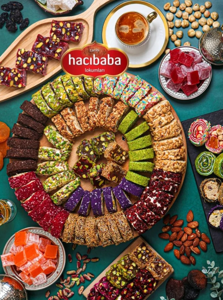 Colourful Turkish delight and nut rolls arranged on a table